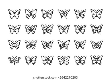 A set of twenty-four unique butterfly icons, each with a different wing pattern, rendered in black outline.