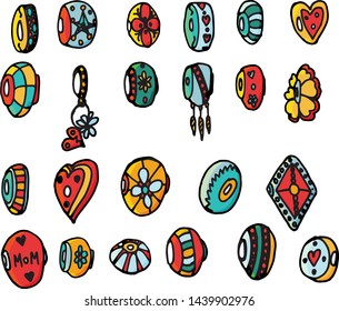 A set of twenty-three beads for a composite bracelet. Beads are hand-painted in a limited color range on an isolated white background. A stylish collection of accessories. Fashion illustration