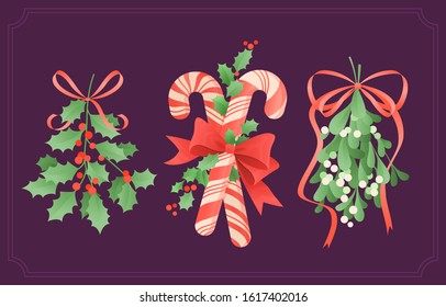 Set of twig Holly and Amella with a bow from a ribbon, lollipop cane. Decor for Christmas and New Year card. Flat vector illustration.
