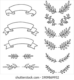 A set of twigs with a black line on a white background. Frames, ribbons for lettering