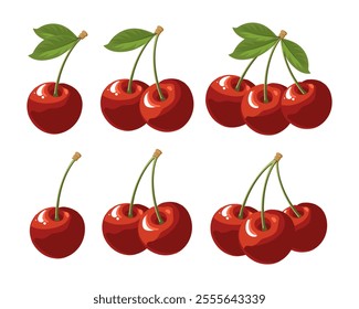 Set of twigs with cherries isolated on white background. Sweet red berry. Illustration, fruit icons