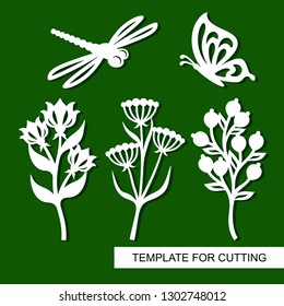 Set of twigs, flowers, butterflies and dragonflies. Plant theme. White objects on a green background. Template for laser cutting, wood carving, paper cut and printing. Vector illustration.