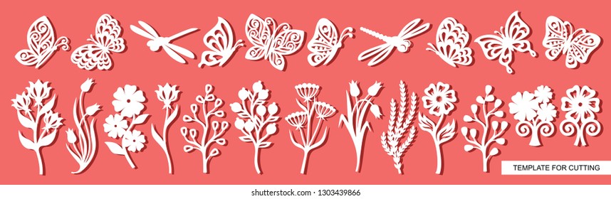 Set of twigs, flowers, butterflies and dragonflies. Plant theme. White objects on a pink background. Template for laser cutting, wood carving, paper cut and printing. Vector illustration.