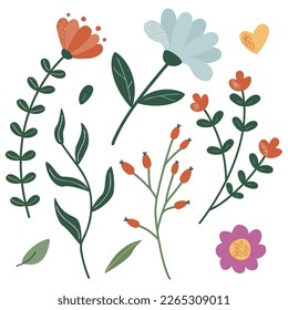 Un conjunto de ramas y flores para la decoración. Ilustración vectorial de plantas estilizadas al estilo de las caricaturas. Aislado sobre un fondo blanco.