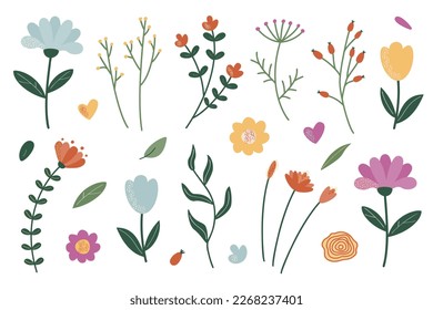 A set of twigs and flowers for decoration. Vector illustration of stylized plants in flat style. Isolated on a white background.