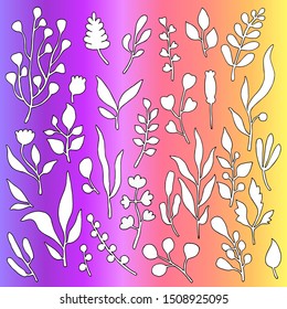 Set of twigs, flowers, leaves  in light pastel colors with black contour. Hand-drawn for a kids and romantic design