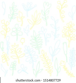 Set of twigs, flowers, leaves in light pastel colors. Hand-drawn for a kids and romantic design.
