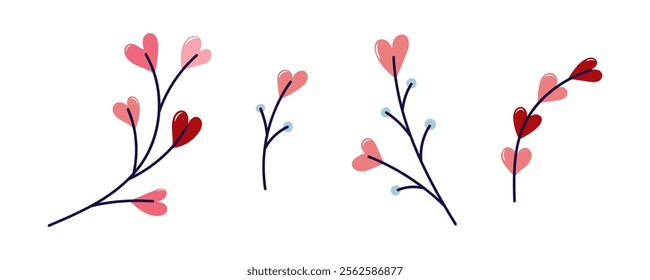 Set of twigs with heart shaped leaves. Valentine's day element for design on white background. Isolated vector illustration.