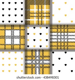Set of twill plaid tartan pattern with golden, black hearts. Repeated texture collection for web, print, fashion fabric, textile design, background for invitation card Vector.