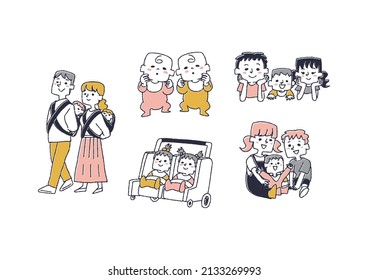 A set of twin and sibling babies, a comical handwritten person vector, and simple coloring of line drawings.
