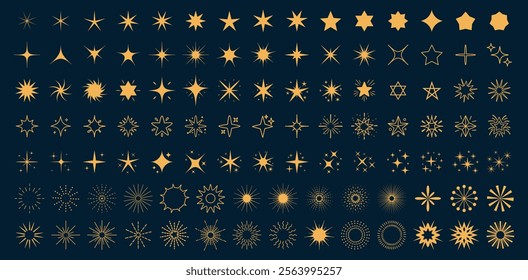 Set of twinkle star symbol, sparkle shape, doodle sparkling element, futuristic y2k sign, glowing light flare, shining sunburst or flash, abstract shine effect and glitter icon for social media art.