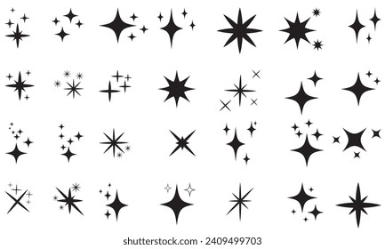 Set of twinkling star vector. Minimalist twinkle star shape symbols. Shining star icons, abstract sparkle black silhouettes. Modern geometric elements, shining star icon set. 