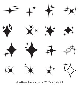 Set of twinkling star vector. Minimalist twinkle star shape symbols. Shining star icons, abstract sparkle black silhouettes. Modern geometric elements, shining star icon set. 