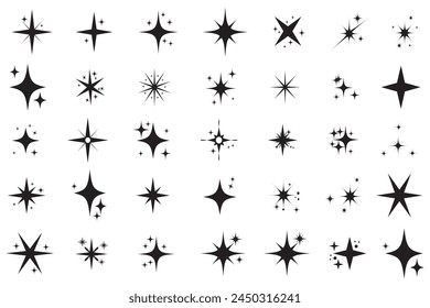 Set of twinkling star vector. Minimalist twinkle star shape symbols. Shining star icons, abstract sparkle black silhouettes. Modern geometric elements, Shining star icon set.  