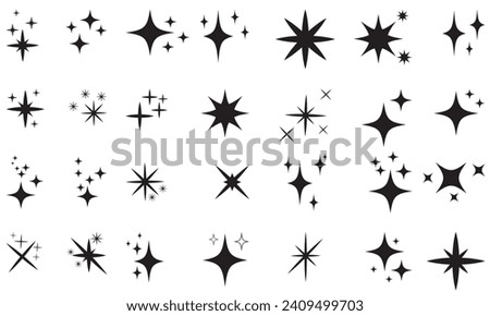 Set of twinkling star vector. Minimalist twinkle star shape symbols. Shining star icons, abstract sparkle black silhouettes. Modern geometric elements, shining star icon set. 