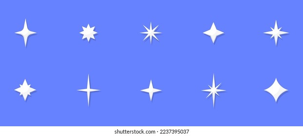 Set of twinkling stars. Collection of stars and bursts with glowing light effect. Bright fireworks, decoration flicker, brilliant flash. Twinkling stars. Vector illustration