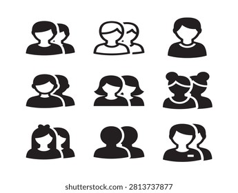 Set of Twins and People Solid Black Silhouette Icons in Minimalist Style