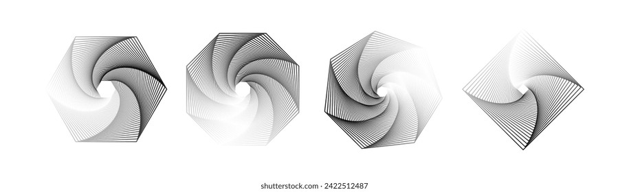 Set of twisted black and white spirals. Sacred geometry. Tunnel with lines in the form of a square, octagon, heptagon and hexagons. Vector geometric fractal element.