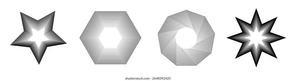 Set of twisted black and white spirals. Sacred geometry. Tunnel with lines in the form of a star, hexagon, nonagon. Vector geometric fractal element.