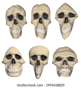 Set with twisted cartoon skulls. 3D. Vector illustration