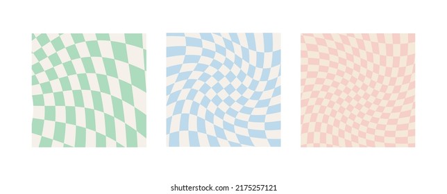 Set of twisted checkerboard backgrounds in pale pastel colors. Groovy hippie chessboard pattern. Retro wavy 60s 70s abstract psychedelic design. Gingham vector wallpaper collection for print.