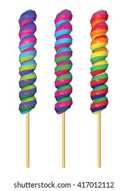 Set of Twisted Colored Candies on Stick on White. Rainbow Unicorn Lollipops Isolated on White Background. Low Poly Vector Illustration.