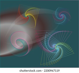 Set of twisted colored spirals. 3D geometry. Abstract background with spiral art in the form of a star, circle, square and hexagon. Vector geometric fractal element.