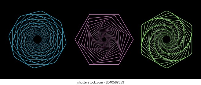 Set of twisted colored spirals. Sacred geometry. Tunnel with lines in the form of a circle and hexagons. Vector geometric fractal element. svg