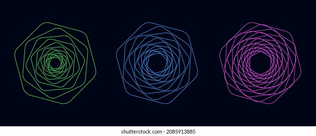 Set of twisted colored spirals. Sacred geometry. Tunnel with lines in the form of a circle and hexagons. Vector geometric fractal element.