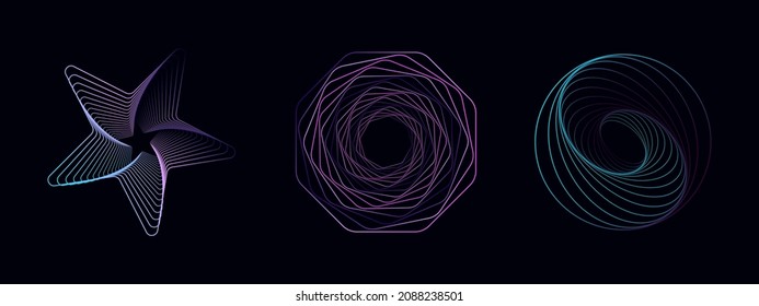 Set of twisted colored spirals. Sacred geometry. Tunnel with lines in the form of a star, circle and hexagons. Vector geometric fractal element.