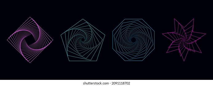 Set of twisted colored spirals. Sacred geometry. Tunnel with lines in the form of a star, pentagon and hexagons. Vector geometric fractal element.