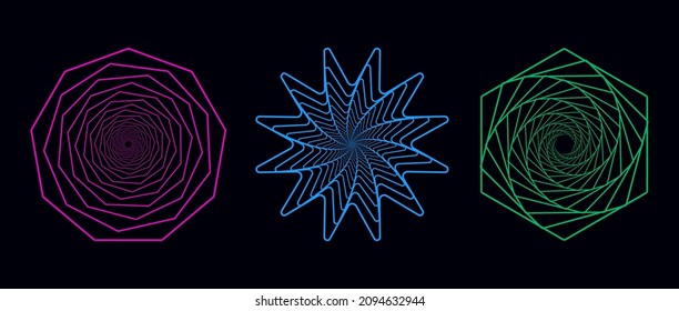 Set of twisted colored spirals. Sacred geometry. Tunnel with lines in the form of a star, circle and hexagons. Vector geometric fractal element.