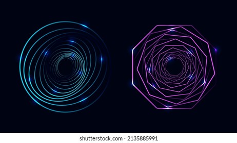 Set of twisted colored spirals. Sacred geometry. Tunnel with lines in the form of a circle and octagon. Vector geometric fractal element.