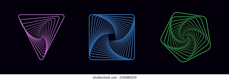Set of twisted colored spirals. Sacred geometry. Tunnel with lines in the form of a triangle, square and pentagon. Vector geometric fractal element.