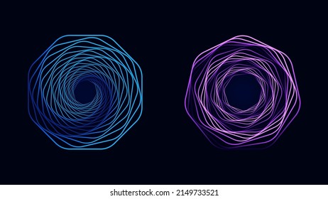 Set of twisted colored spirals. Sacred geometry. Tunnel with lines in the form of a heptagon and octagon. Vector geometric fractal element.