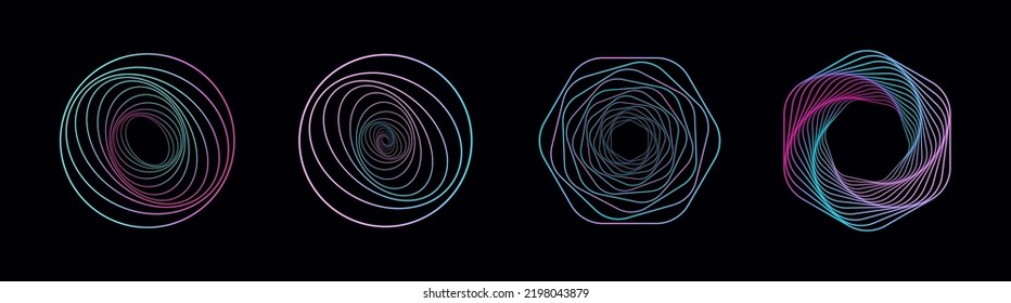 Conjunto de espirales de color torcido. Geometría sagrada. Túnel con líneas en forma de círculo, heptágono y hexágonos. Elemento fractal geométrico vectorial.