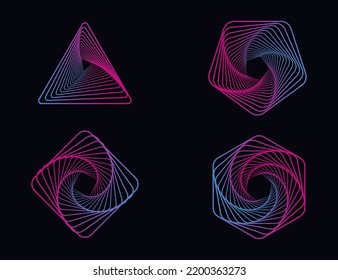 Conjunto de espirales de color torcido. Geometría sagrada. Túnel con líneas en forma de cuadrado, pentágono, heptágono y triángulo. Elemento fractal geométrico vectorial.