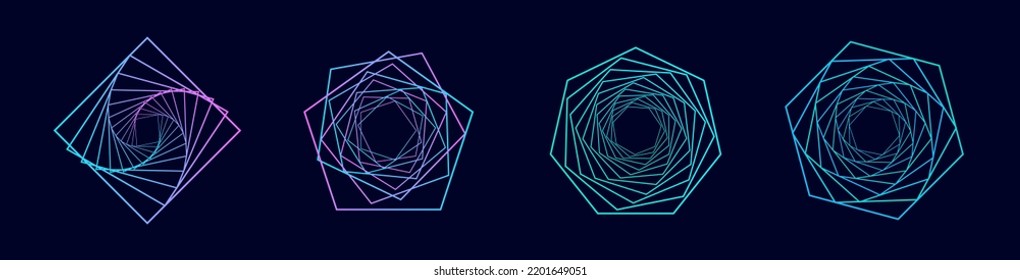 Set of twisted colored spirals. Sacred geometry. Tunnel with lines in the form of a square, pentagon, heptagon and hexagons. Vector geometric fractal element.