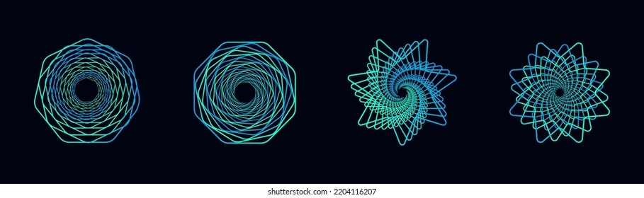 Set of twisted colored spirals. Sacred geometry. Tunnel with lines in the form of a nonagon, octagon, star. Vector geometric fractal element.