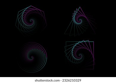 Set of twisted colored spirals. Sacred geometry. Tunnel with lines in the form of a triangle, square, circle and heptagon. Vector geometric fractal element in vivid color gradient on black background