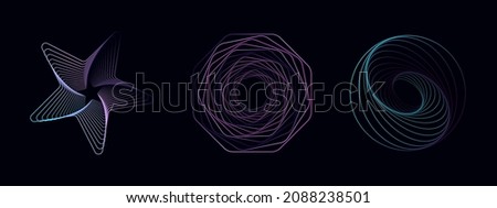 Set of twisted colored spirals. Sacred geometry. Tunnel with lines in the form of a star, circle and hexagons. Vector geometric fractal element.