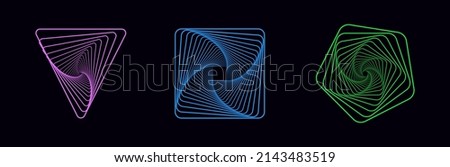 Set of twisted colored spirals. Sacred geometry. Tunnel with lines in the form of a triangle, square and pentagon. Vector geometric fractal element.