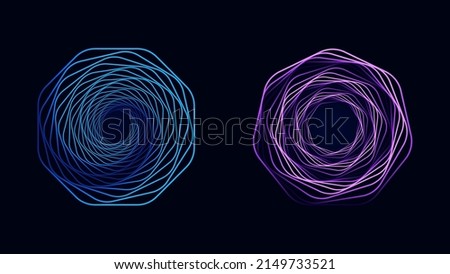 Set of twisted colored spirals. Sacred geometry. Tunnel with lines in the form of a heptagon and octagon. Vector geometric fractal element.