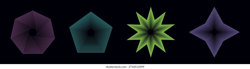 Conjunto de espirales de colores retorcidos. Geometría sagrada. Túnel con líneas en forma de estrella, pentágono, heptágono. Elemento de Fractal geométrico de Vector.