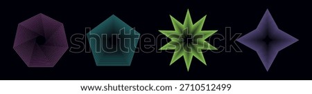 Set of twisted colors spirals. Sacred geometry. Tunnel with lines in the form of a star, pentagon, heptagon. Vector geometric fractal element.