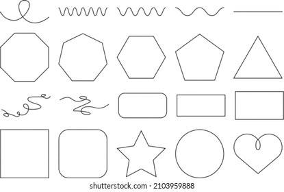 Set of twisted curled line polygons, wavy lines, circles, star, looped wavy yarn and heart shape with repeated strokes as ink border of frame in marine handmade illustration