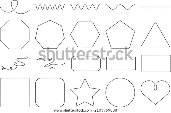 Set of twisted
curled line polygons, wavy lines, circles, star, looped wavy yarn
and heart shape with repeated strokes as ink border of frame in
marine handmade
illustration