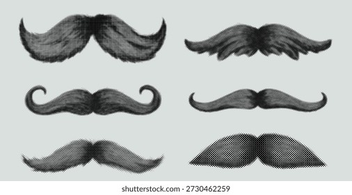 Conjunto de bigotes de hombres rizados retorcidos aislados en blanco. Textura punteada grunge retro de medio tono, Elementos de collage de recorte de moda vintage para medios mixtos, barbero, hipster, proyecto de diseño.