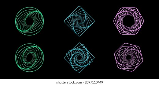 Set of twisted futuristic spirals. Collection of wavy fractals. Abstract wireframe linear tunnels. Technology graphic spiral. Vector illustration for website.