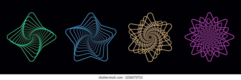 Set of twisted futuristic spirals. Collection of wavy fractals. Abstract wireframe linear tunnels. Technology graphic spiral. Vector illustration for website.